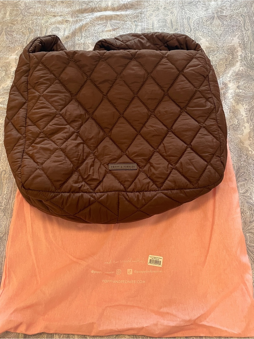 Poppy & Peonies Quilted Chocolate Brown Shoulder Bag